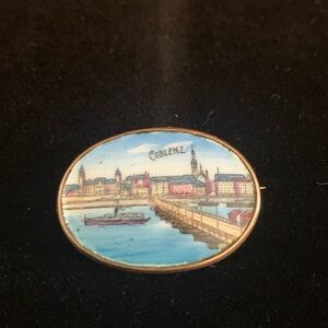 Vintage Coblenz Germany Enamel Souvenir Brooch Gold Tone Scenic Pin